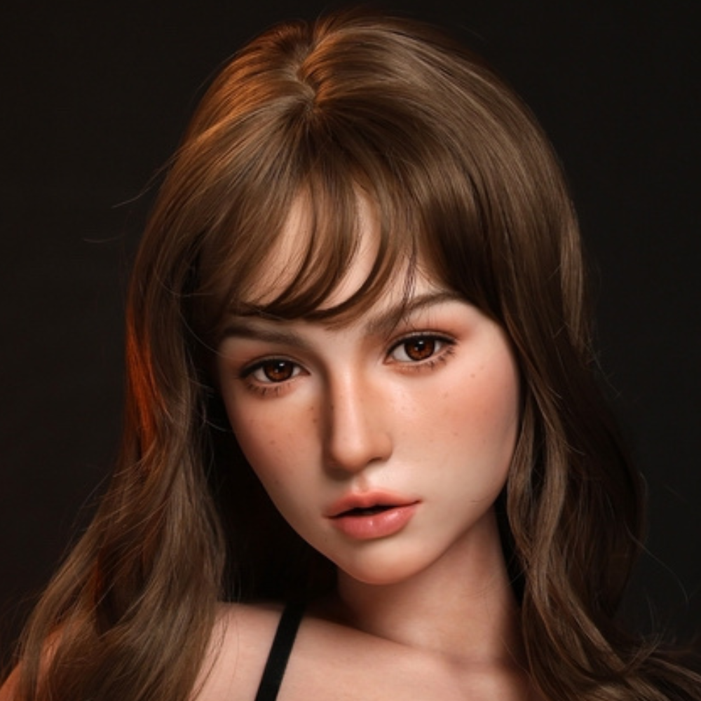 Hyper-realistic female sex doll head with brown hair and detailed facial sculpt from Erosity