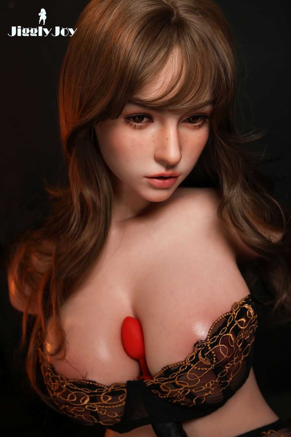 helen sex doll torso close up f cup breasts red vibrator between cleavage black and gold lingerie erosity